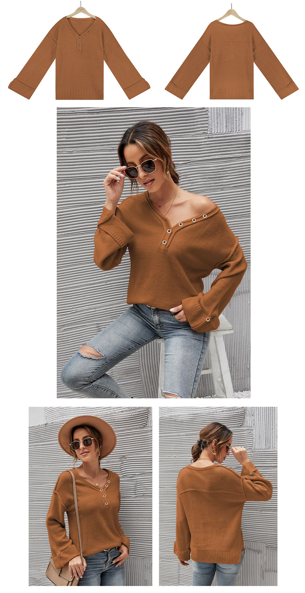 solid color V-neck long-sleeved pullover sweater NSWJY137600