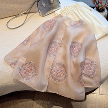 气质显白藕粉色!轻薄欧根纱天丝七分袖开衫春夏秋新款刺绣衬衫女