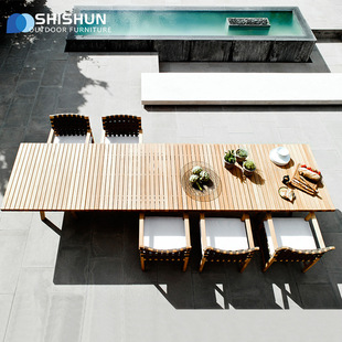 Outdoor Teak Tables and Chairs, Anti-Corrosion Solid Wood Courtyard Garden Terrace House Outdoor Long Table B&B Rattan Tables and Chairs Furniture