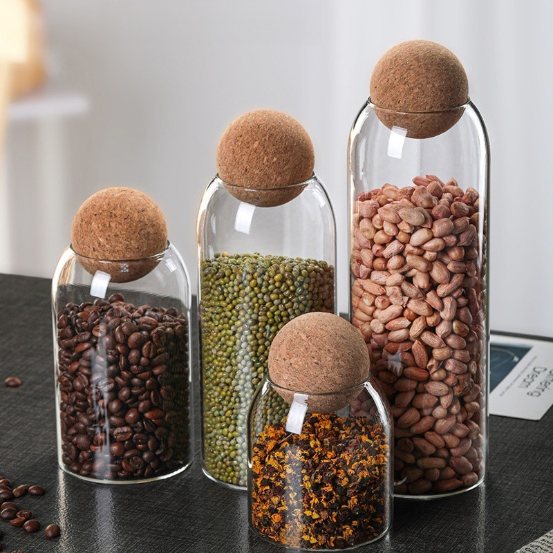 Spherical Cork Storage Jar, High-Looking Kitchen Cereal Coffee Beans, Multi-Specification Transparent Borosilicate Glass Storage Jar