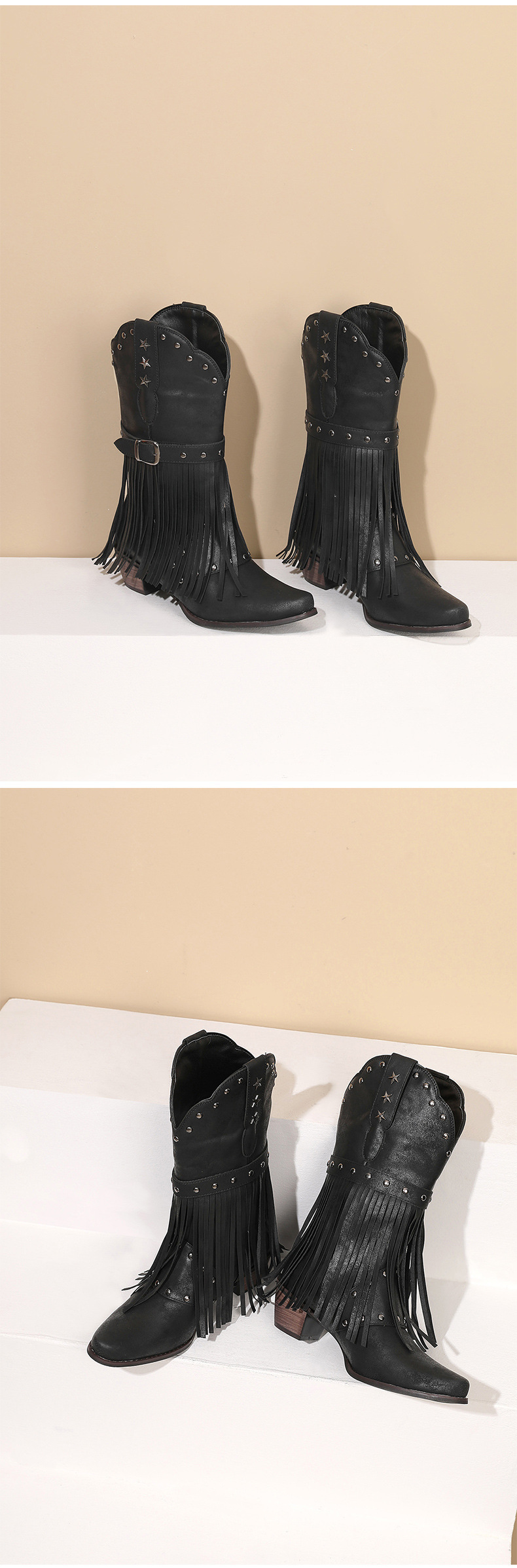 Western boots riveted belt buckle tassel mid-calf boots_voghion.com