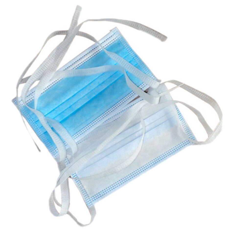 蓝色加厚一次性绑带口罩车间工厂头戴式三层无纺布不勒耳透气口罩
