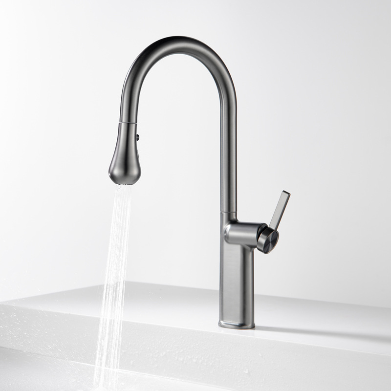 Pistola gris agua fría y caliente girando y tirando del grifo del fregadero girando y tirando del grifo del fregadero de varios engranajes