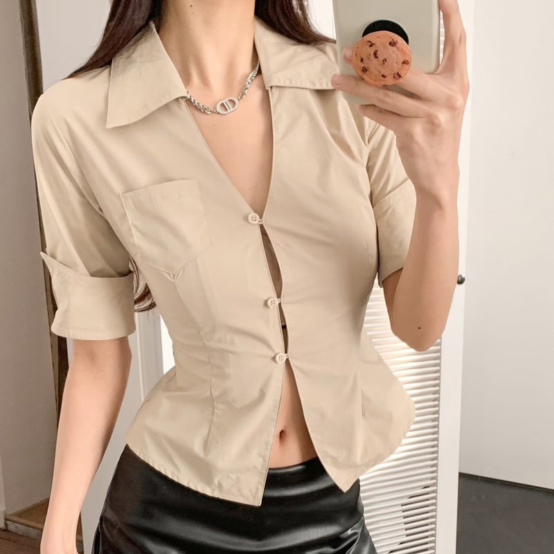 Skinny Spice Girl Top Sense Pure Summer White Shirt Women's Design Sexy Half Sleeve Deep V-neck 2025 Waist