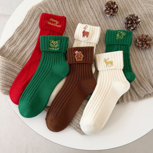 Christmas Stocking Children's Autumn and Winter Cute Mid-length Stocking Red New Year Cotton Stocking Japanese Style Cute Embroidered Cartoon Instagram Fashionable Stocking