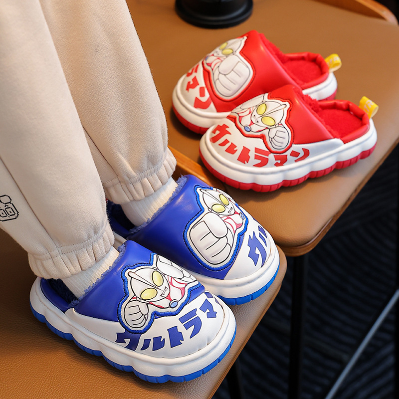 Niños de invierno Ultraman bebé Zapatillas de algodón cálido hogar PU cuero impermeable medio y grande niños bolsa de dibujos animados zapatos de tacón de algodón