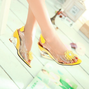 30-45 fish mouth summer flower high heel crystal heel wedge candy color sequin transparent lacquered leather sandals W864