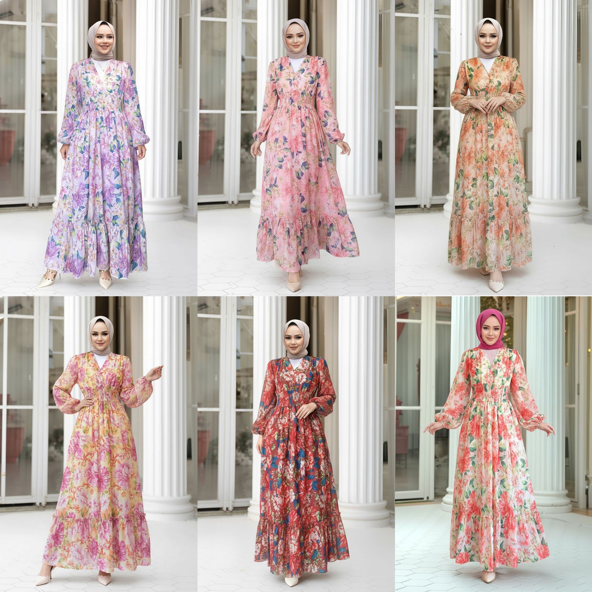 M353# New Women's Dress for Cross-Border Trade - V-Neck Printed Lantern Sleeve Maxi Skirt - Factory Dropshipping Available