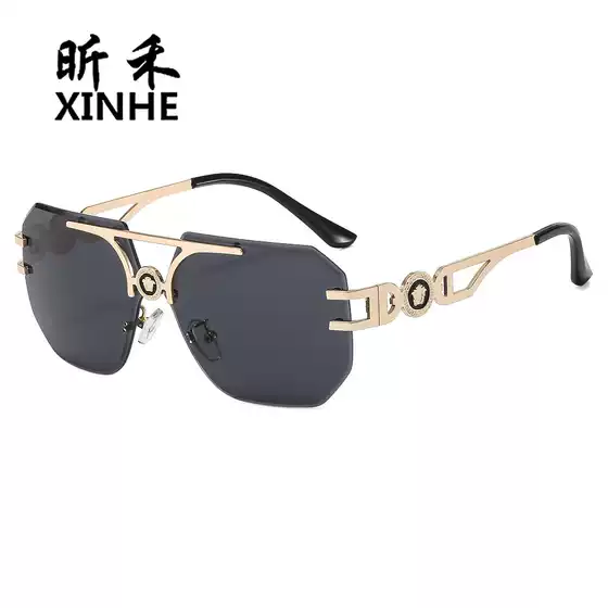 New European and American Luxury Metal Sunglasses Versace-Style Medusa Head Trendy Shades Rimless Cut-Edge Eyewear for Men and Women