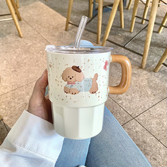 吸管杯子带盖高颜值陶瓷水杯家用儿童马克杯女生办公室咖啡果汁杯