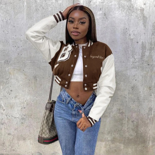 Cross-border New Distinctive Street Casual Letter Top Leather Sleeve Japanese-Korean Baseball Suit Short Long-sleeved Jacket for Women