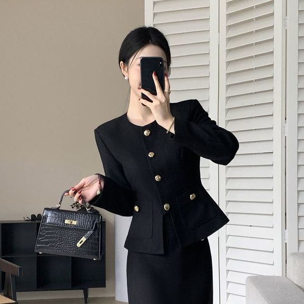法式小香风气质时尚套装女2025秋季新款圆领长袖外套半身裙两件套|undefined