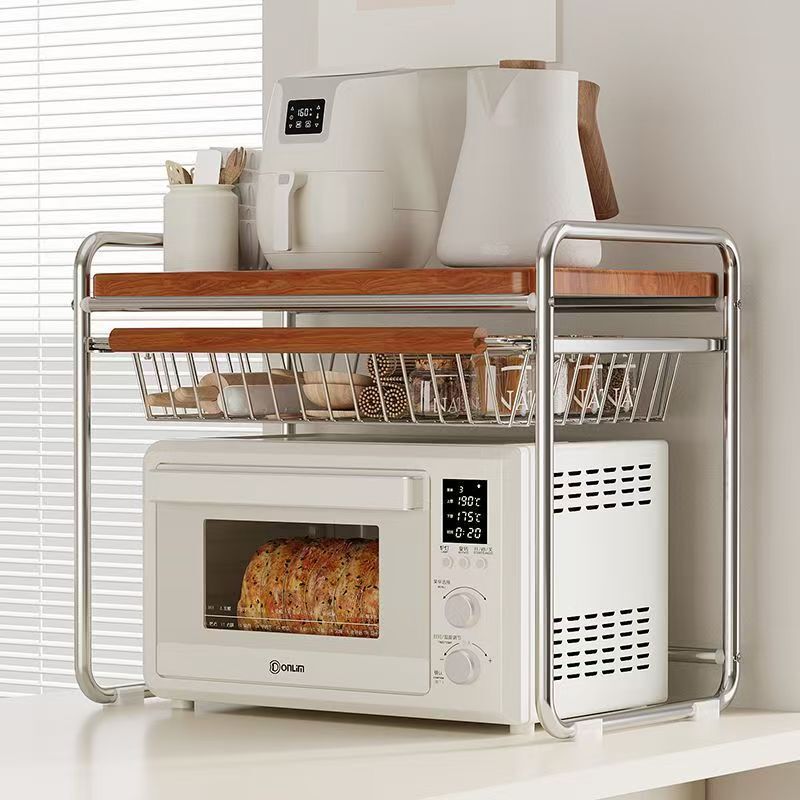 中古風家庭用電子レンジ棚バスケット付きキッチンテーブル収納棚炊飯器テーブル棚|undefined