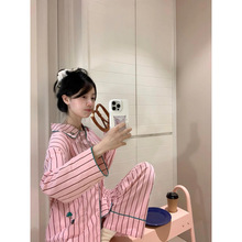韩系甜美少女条纹睡衣女春秋2025新款高级甜美长袖长裤居家服套装