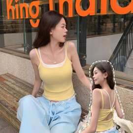 假两件美背吊带一体式胸垫镂空背心外穿修身显瘦辣妹上衣打底裹胸