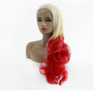 Peruca de cabello de mujer teñido gradiente ondas grandes cubierta de cabello de fibra química pelusa de encaje de cabello largo LW0312