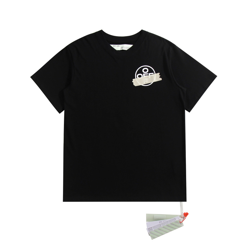 OFF OW WHITE yellow tape arrow warning line short-sleeve T-shirt, European and American trendy brand, unisex couple's base shirt