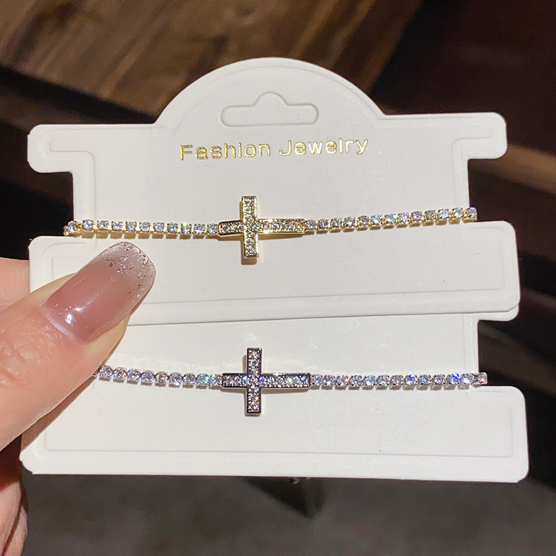 14K Real Gold Electroplated Zircon Cross Bracelet, Light Luxury High-End Bracelet, European and American Simple Minimalist Style Jewelry Wholesale