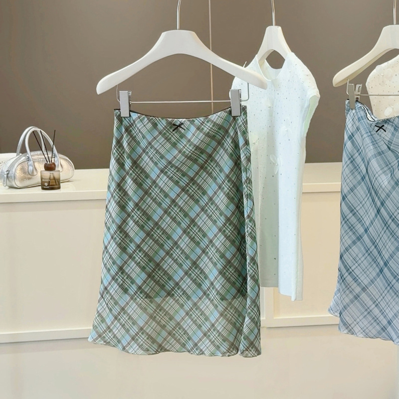Retro Green Plaid Skirt for Women, Summer High-Waisted Slimming Hip-Covering Elegant Pencil Skirt, Sexy A-Line Midi Skirt