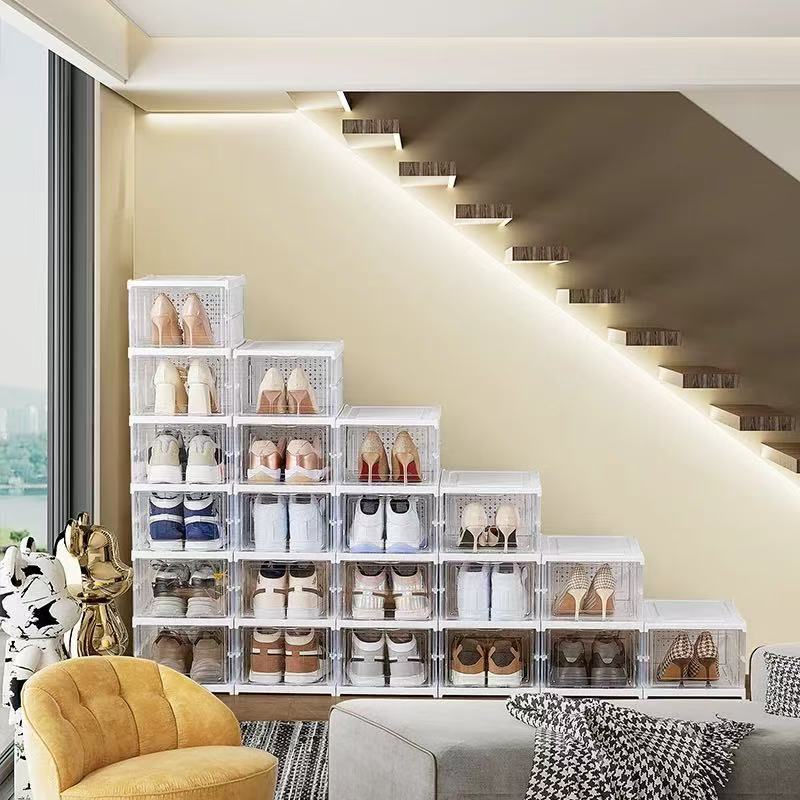 Caja de zapatos integrada plegable para el hogar transfronterizo Caja de almacenamiento de zapatos AJ a prueba de polvo Zapatero plegable transparente de plástico grueso