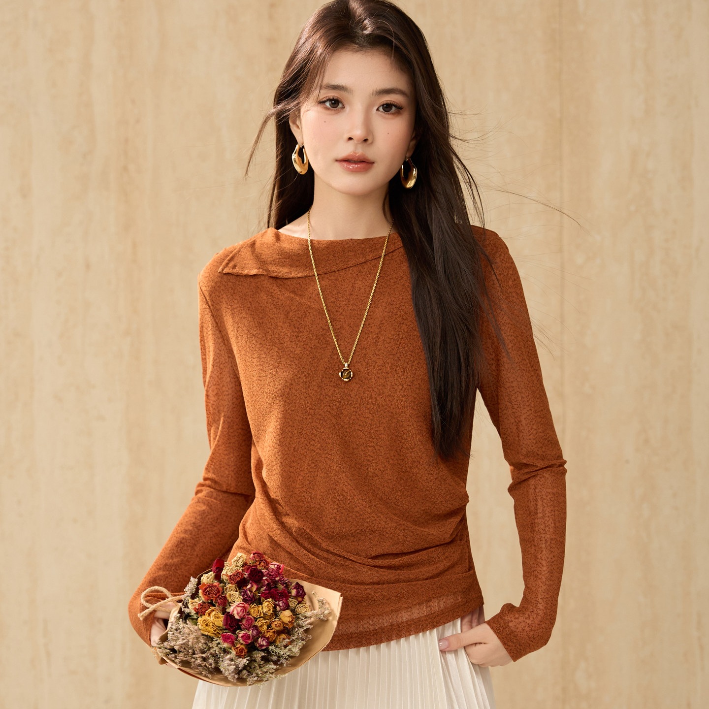 2026 Autumn New Arrival Round Neck Long Sleeve Top for Women, Irregular Waist-Slimming Base Layer Shirt 2986