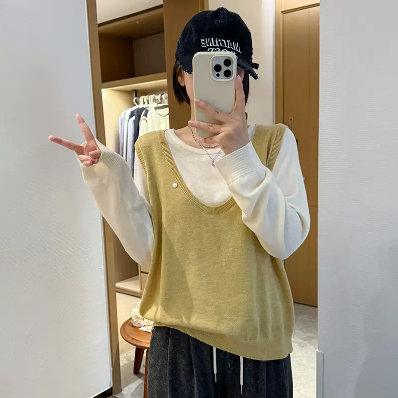 大码微胖女装秋冬装2025韩版V领羊毛假两件针织衫胖mm百搭毛衣上