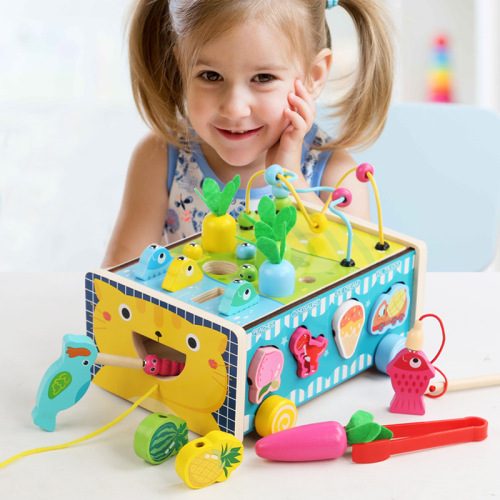 Children's wooden trailer toy, fishing, pulling carrots around jewelry, eight-in-one towing walker, assembling building blocks