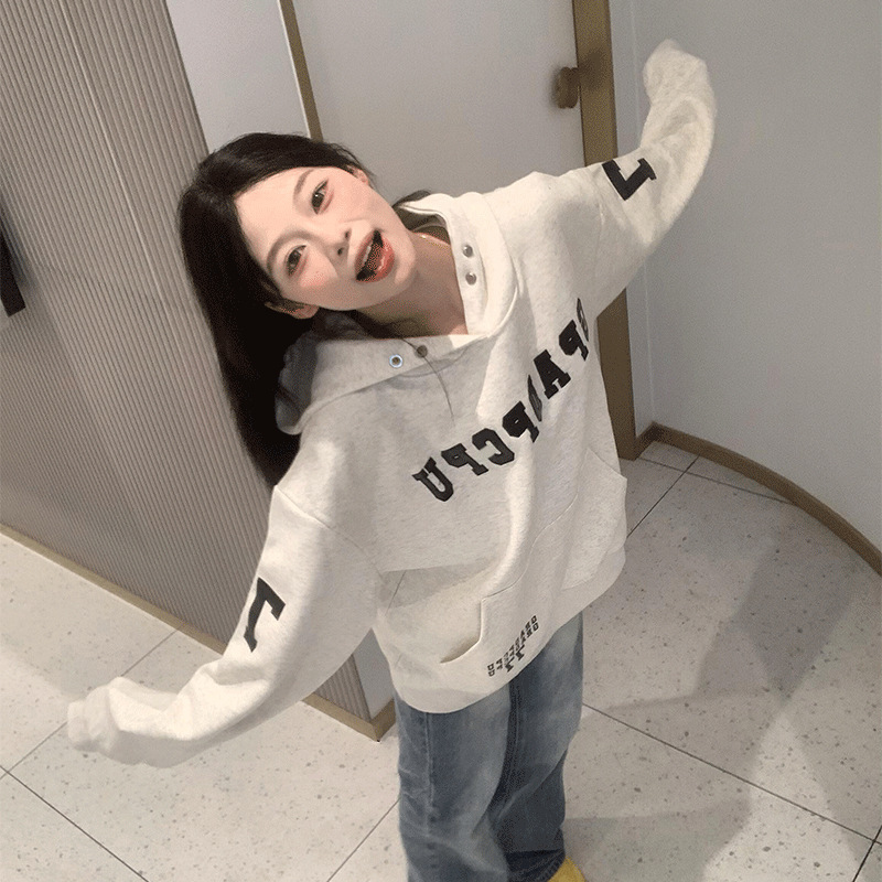 美式复古灰色刺绣连帽卫衣女春秋oversize潮牌宽松小众设计感外套|undefined