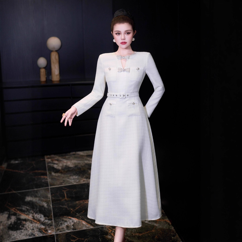 2025 New Style Small Fragrant White Dress for Women, Elegant Waist Slimming Look Long-Sleeved Mid-Length Banquet Dress