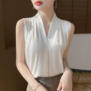 高级感V领白衬衫女春夏西装内搭背心缎面上衣西服打底衫面试衬衣