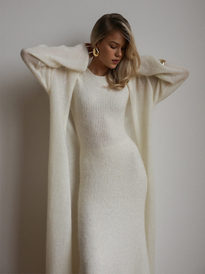 Bộ đầm dệt kim hai mảnh nữ gồm áo cardigan dài tay và đầm liền thân dáng dài — trắng, tím chi tiết 16