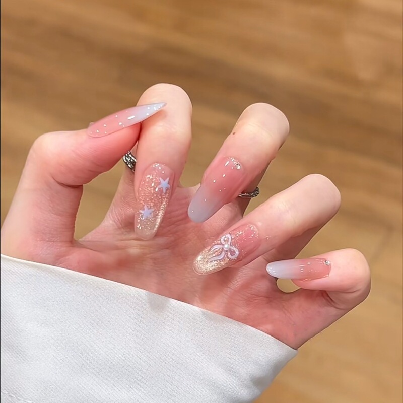 Summer Vibe Ice-Clear Sea Salt Blue Miu Series 3D Bow Star Cat Eye Detachable Wearable Nail Tips Wholesale