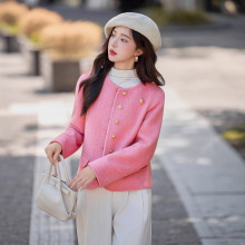 小香风粉色双面羊毛呢短款外套女2025秋冬新款淑女风气质毛呢外套