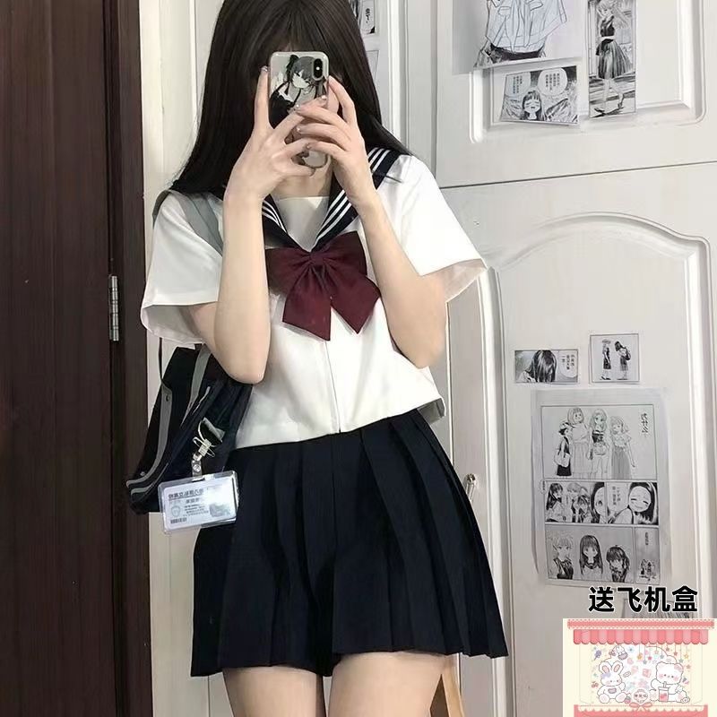 White and Black Three-Piece Jk Uniform Skirt Basic Sailor Suit Japanese College Style Short-Sleeve Middle Uniform for Women