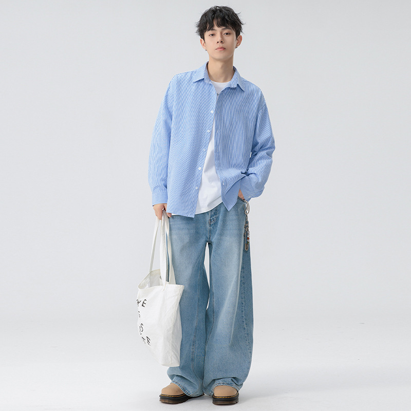 2025 Spring New Solid Color Striped Shirt Jacket Men's High-End Spring Korean Fashion Brand Couple Outerwear in Stock