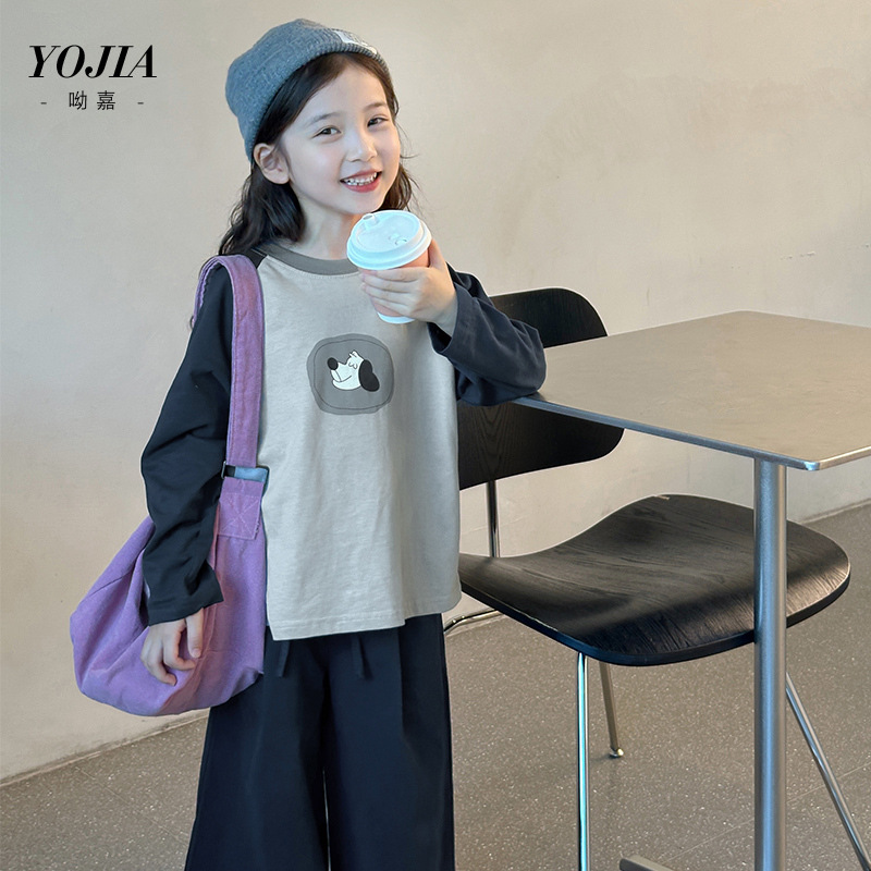YOJIA女童长袖T恤秋装2024新款纯棉拼色童装上衣儿童打底衫春秋款