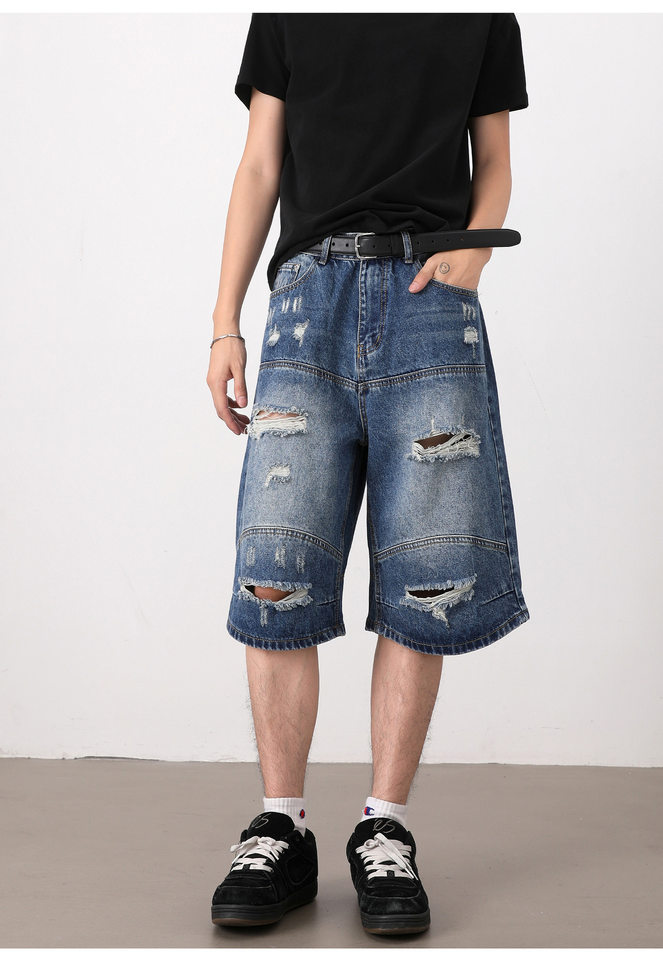 Quần short jean nam dáng rộng phong cách retro, rách giặt mài, lửng ống đứng — Màu xanh dương chi tiết 16