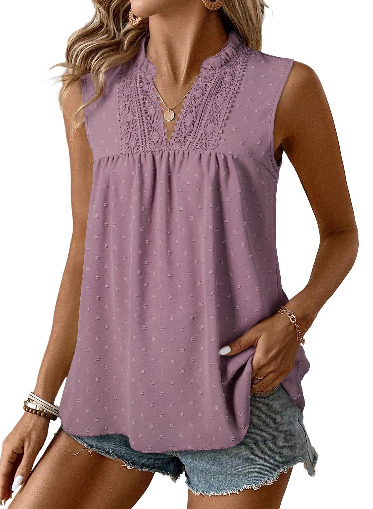 Women's Swiss Dot Lace Trim Sleeveless V-Neck Blouse, Relaxed Fit Breathable Top For Casual & Office Wear_ecoleips.com