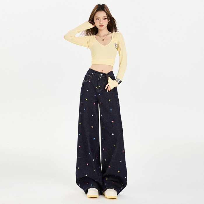 美式复古小花刺绣阔腿牛仔裤女2025早秋新款高腰宽松显瘦直筒裤子|undefined