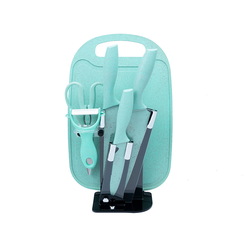 Fabricante de paja de trigo de color con cuchillo base 6 piezas de cuchillo de acero inoxidable cuchillo de cocina doméstico conjunto de regalo