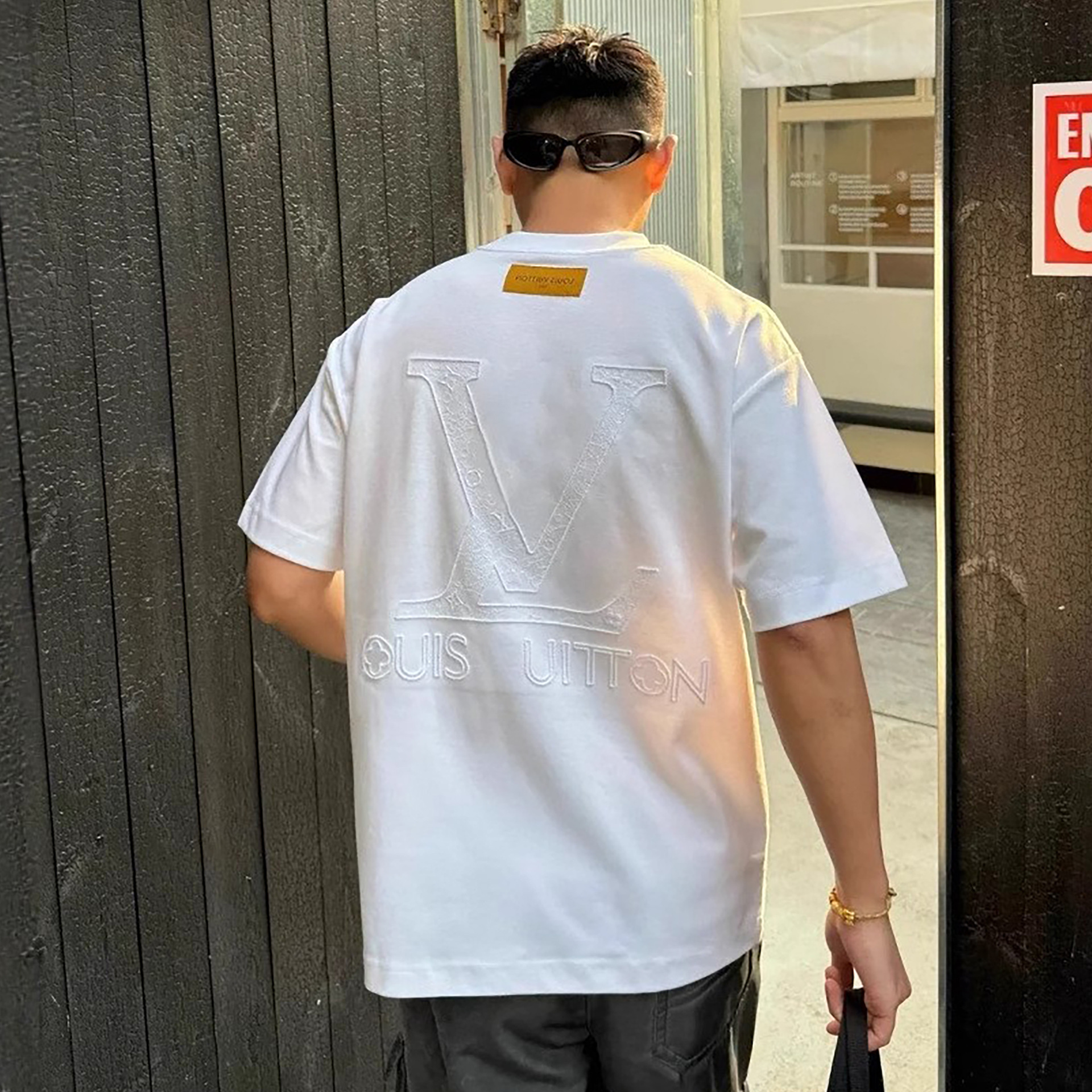 Correct Version of Lujia Men's T-Shirt with Front and Back Hollow Embroidery, High-End Feel, L Brand Short-Sleeve Shirt, Pure Cotton Half-Sleeve T-Shirt