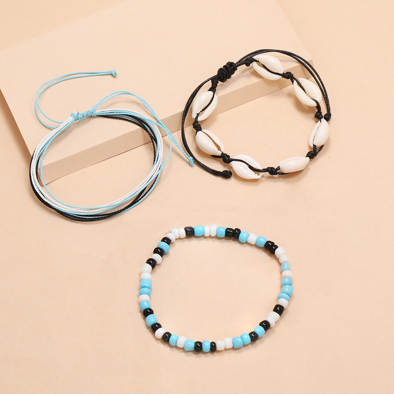 Bohemian Style Colorful Cord Hand-Woven Shell Beaded Anklets Suit 3 Piece
