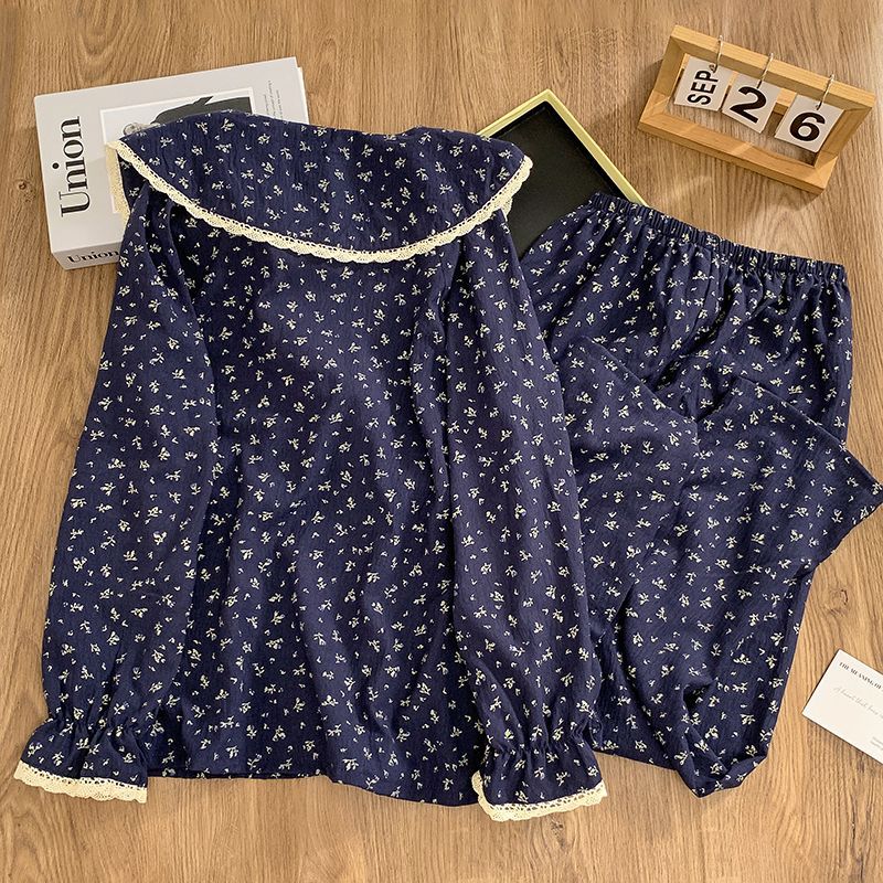Al por mayor transfronterizo otoño nuevo cardigan impresión pijama de manga larga cuello de muñeca de moda lindas flores trituradas cubierta de ropa para el hogar