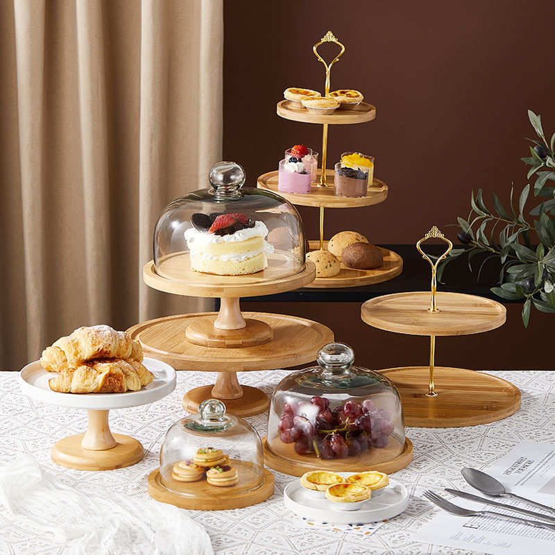 中式茶点盘玻璃蛋糕罩家用防尘罩面包水果盘点心盖子甜品展示托盘