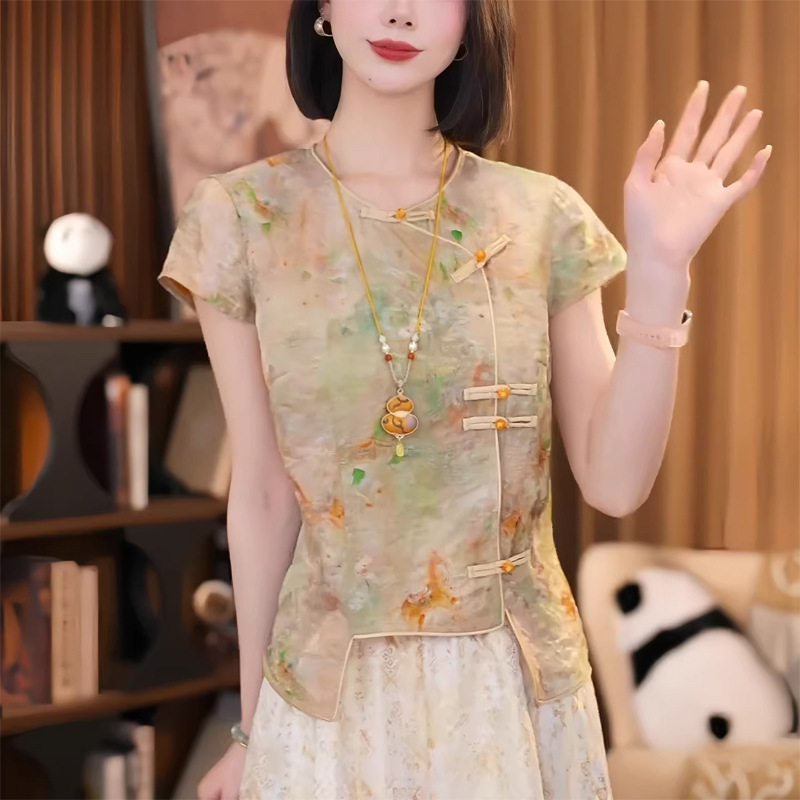 Áo sơ mi nữ ngắn tay lụa Jacquard Guofeng nút áo nhỏ Hương Vân Sa — Màu ảnh chi tiết 1