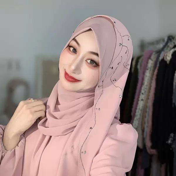 Amazon Aliexpress New Style Malaysian Solid Color Chiffon Headscarf with Special-Shaped Rhinestones, L-Shaped Wrap Scarf for Women