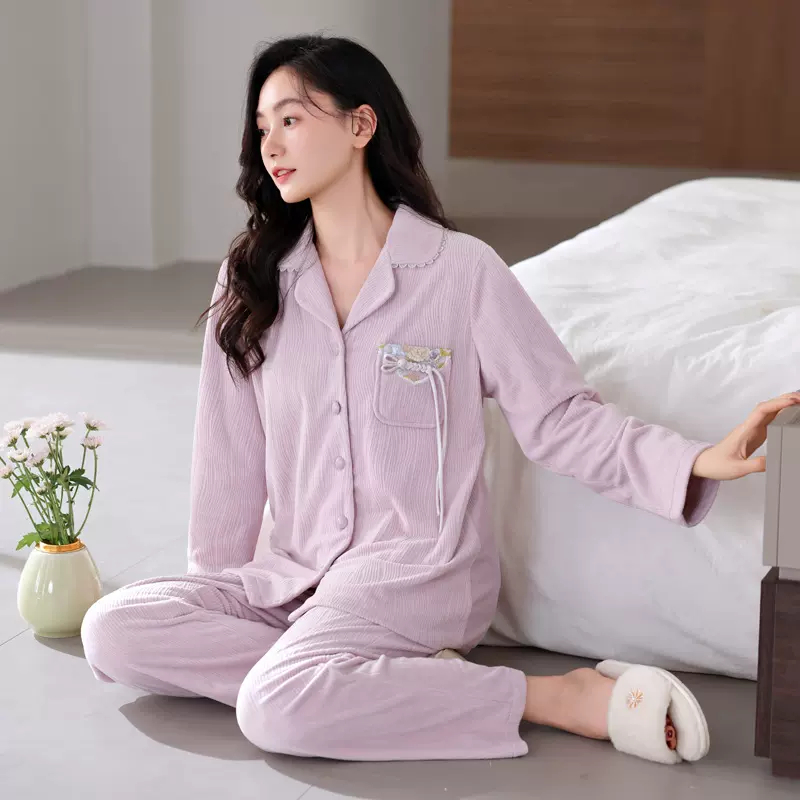 海岛绒睡衣女秋冬季薄绒保暖长袖家居服春秋珊瑚绒可外穿加绒套装