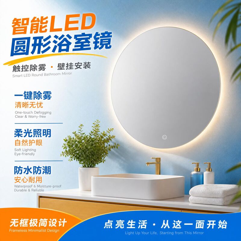 Smart Round LED Bathroom Mirror Touch Control Defogging Wall-Mounted Bathroom Vanity Mirror with Light Frameless Minimalist Design Smart Round LED Bathroom Mirror Touch Control Defogging Wall-Mounted Bathroom Vanity Mirror with Light Frameless Minimalist Design