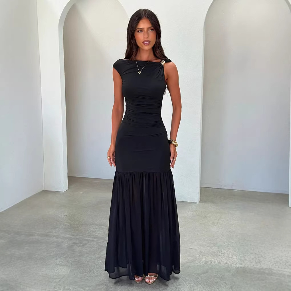 Women's Fashion One-Shoulder Long Dress European American Style Metal Knot Waist Cinching Mesh Patchwork Formal Dress_ecoleips.com