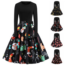 z跨境圣诞节女装热卖秋冬季圆领长袖喜庆印花配黑丝带大摆连衣裙